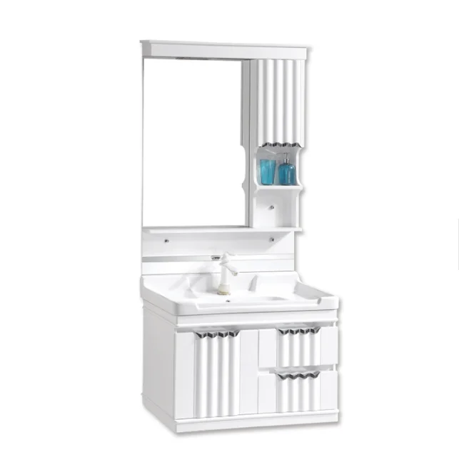 White Wall Mounted PVC Bathroom Cabinet With Ceramic Basin And Mirror Pvc Bathroom Cabinet Led Mirror