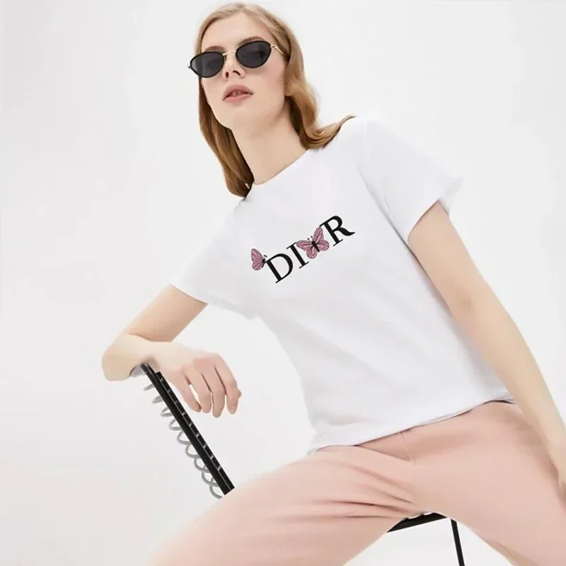 Women's Cotton T-shirt New Letter Printed Soft Tee Tops 2024 Summer Fashion Y2K Short Sleeved Shirts Casual Female Clothing