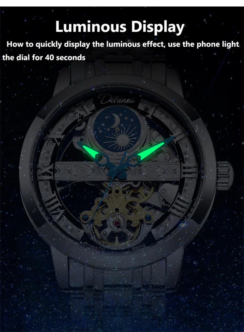 Tourbillon Moon Phase Wrist Luxury Hollow 3ATM Waterproof Stainless Steel Men Automatic Mechanical es es_voghion.com