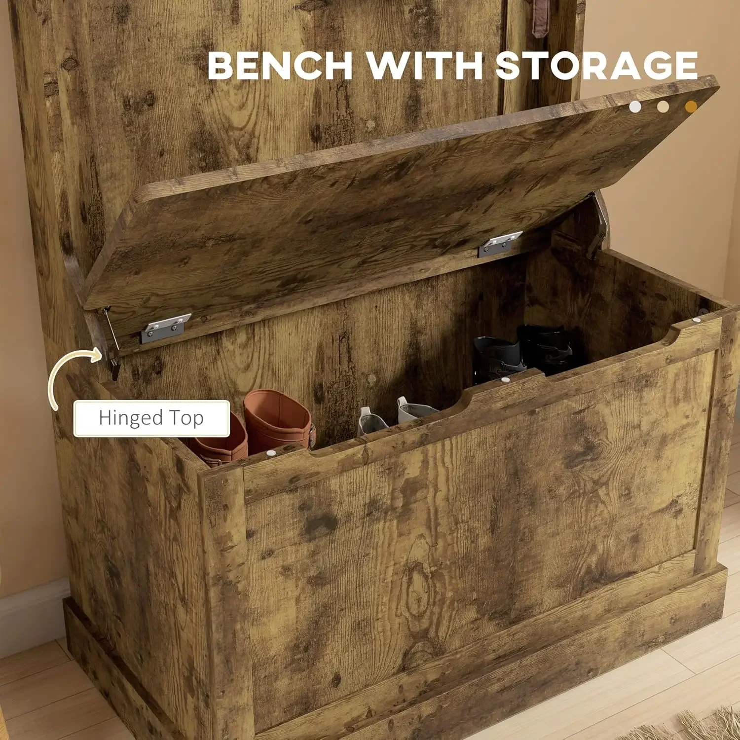 3-in-1 Hall Tree with Shoe Storage, Standing Coat Rack with Shoe Bench, Entryway Organizer with Four Hooks, Rustic Brown