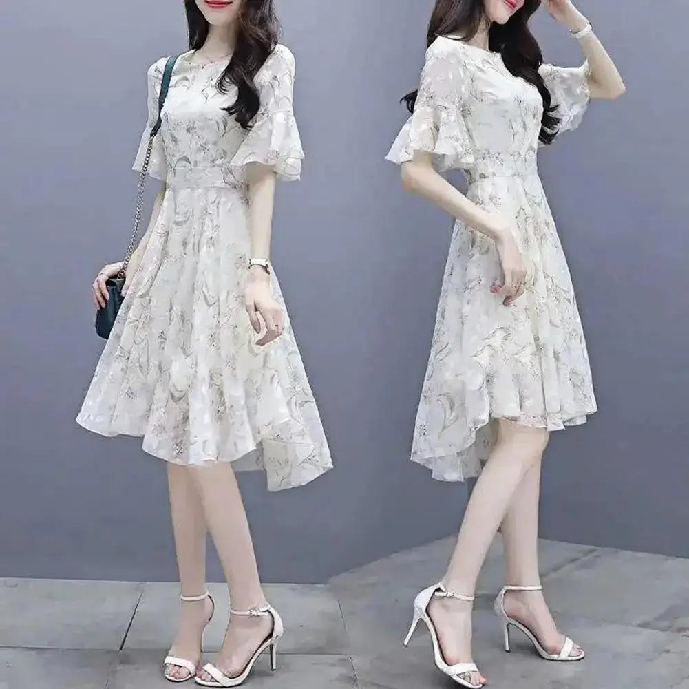 

Lady Midi Dress Short Sleeves Women Summer Dress Loose Hem Big Hem Women Dress