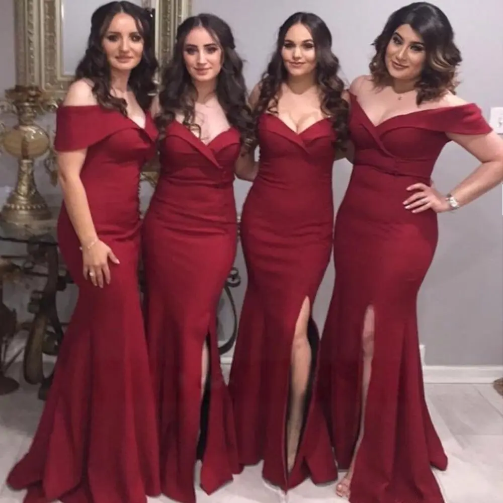 

Elegant Burgundy Long Bridesmaid Dresses Off Shoulder Robes de demoiselle d'honneur Party Dress Slit Maxi Dress Sexy vestidos