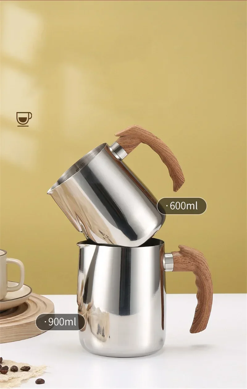 Description Picture 2 of item600/900ML Coffee Milk Frothing Pitcher Jug with Scale 304 Stainless Steel Latte Steam Coffee Pot Wooden Handle Latte Coffee Cup