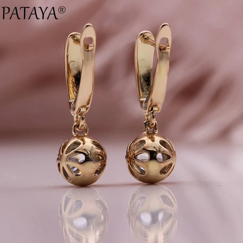 PATAYA New Round Hollow Ball Dangle Earrings For Women 585 Rose Gold Color Fashion Jewelry Luxury Natural Zircon Long Earrings