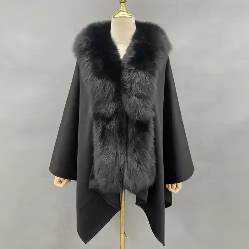 MISSJANEFUR Cashmere Poncho Shawl Women 2023 New Luxury Real Fox Fur Collar Cape Cloak Elegant Winter Coat - Image 7