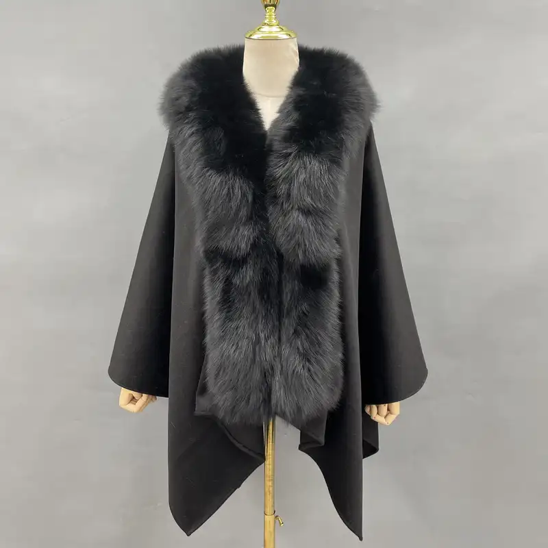 MISSJANEFUR Cashmere Poncho Shawl Women 2023 New Luxury Real Fox Fur Collar Cape Cloak Elegant Winter Coat - Image 7