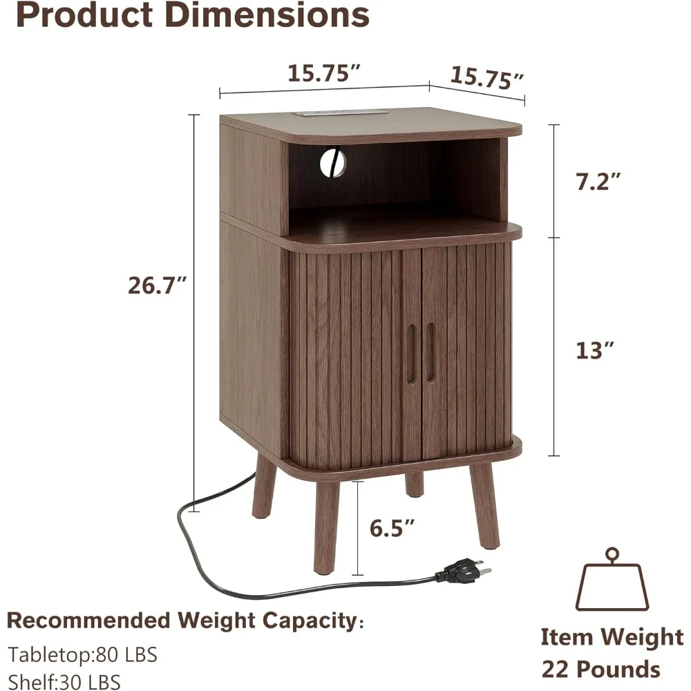 fluted nightstand set with charging station of 2, mid century modern end table with sliding tambour doors, curved accent wood b