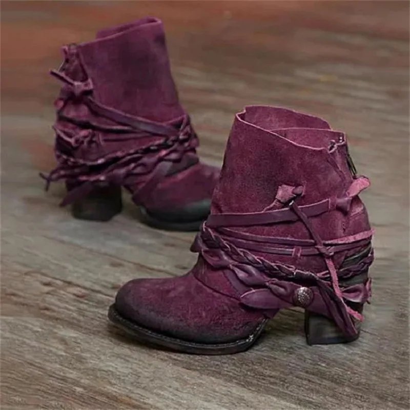 

2023 Autumn Winter Europe America Wind Chunky Heel Retro Women's Short Boots Round Head Low Boots Female Fashion High Heels 43