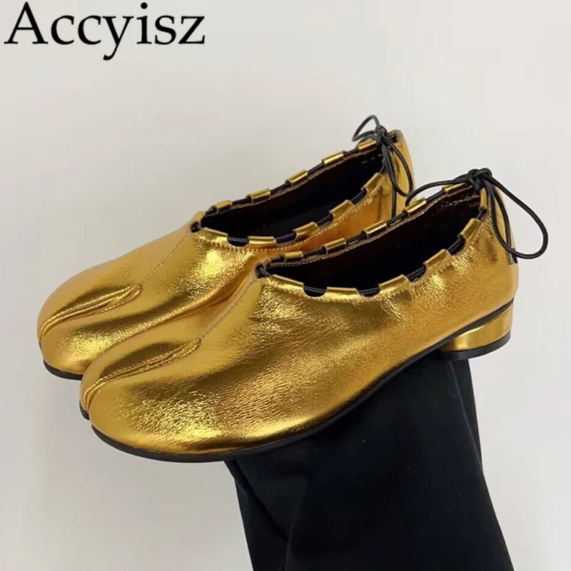 

New Genuine Leather Split Toe Bow Tie Soft Sole Horseshoe Ballet Dance Shoes for Women's Outwear Solid Color Thick Heel Shoes