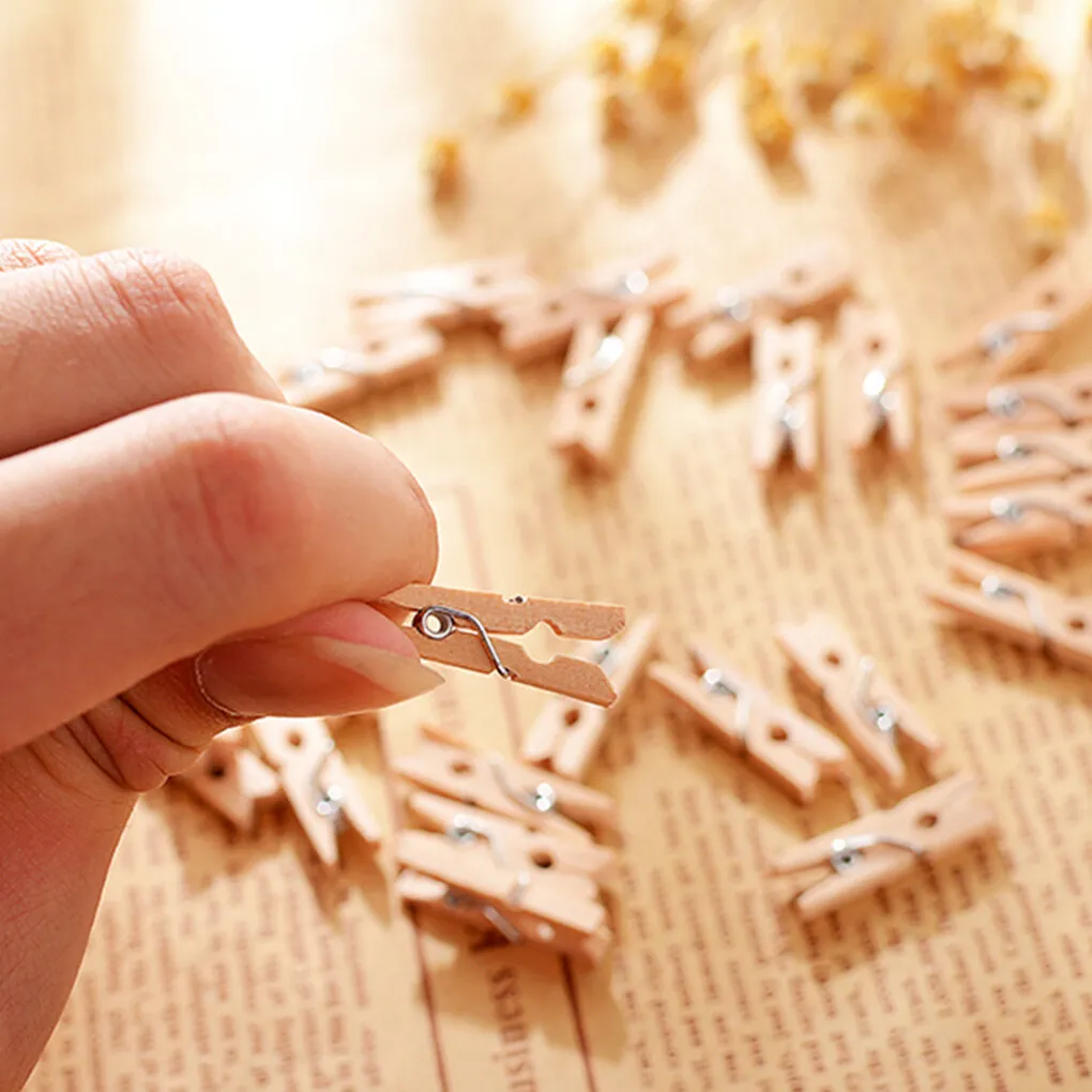 300/500/1000 Pieces Mini Wooden Clip Natural Wooden Clothespins DIY Decorative Log Color Hanging Photo Clips with Metal Spring 2