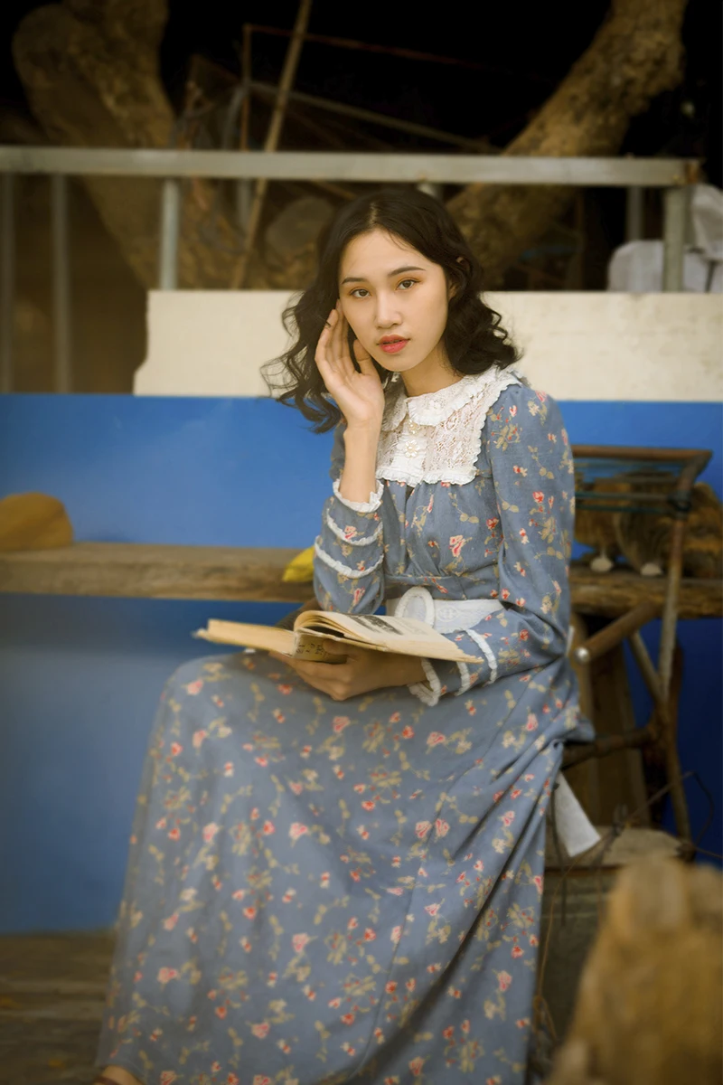 

LYNETTE'S CHINOISERIE Spring Autumn Original Design Women French Vintage Slim Plaid Long Linen Dresses