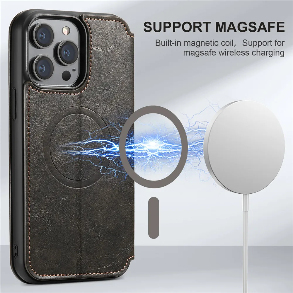 Leather Magnetic Kickstand Case with Card Storage – Dual-Layer Full Coverage for iPhone - Skycover