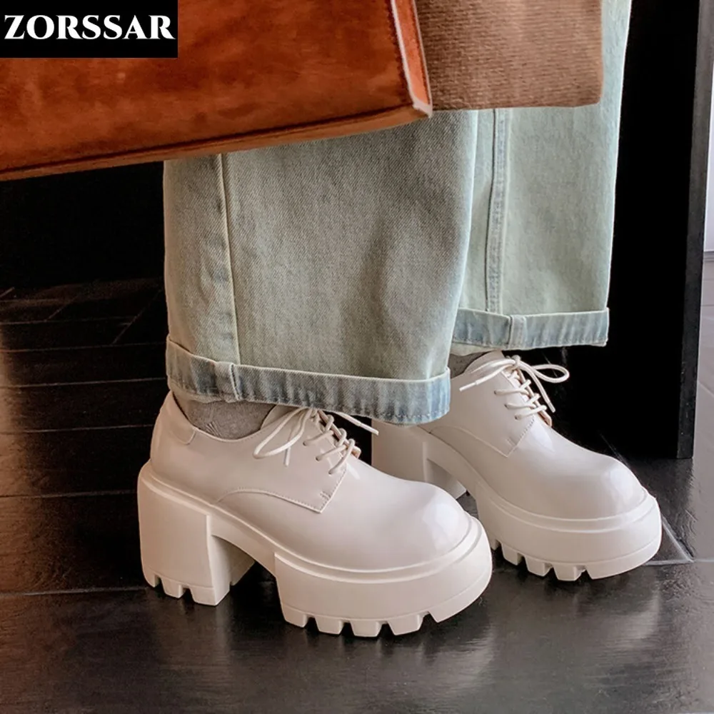 

Black White Genuine Leather Platform Shoes Women Retro Round Toe Chunky Loafers Woman Plus Size Lace Up Office Pumps Ladies