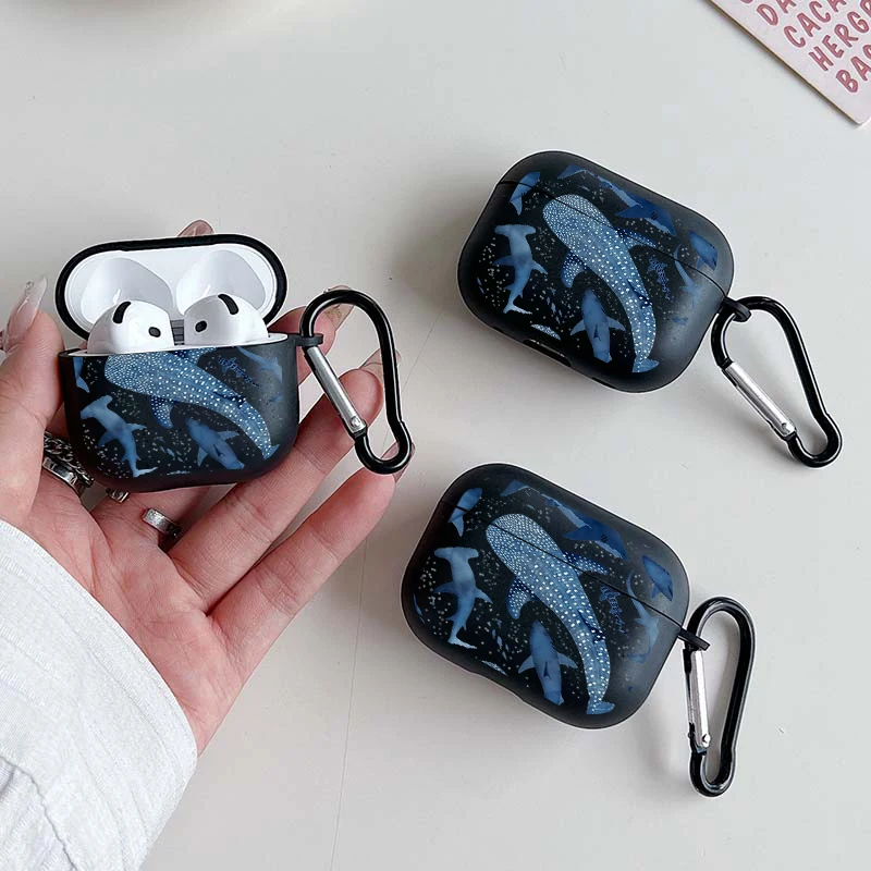 Shockproof Deep Sea Shark Earphone Case with Keychain - TPU Protective Cover