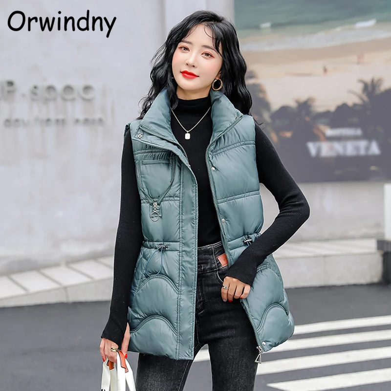 

Autumn Winter Warm Waistcoat Women Slim Drawstring Snow Warm Vest Jacket Female Mandarin Collar M-5XL Sleeveless Coats Orwindny