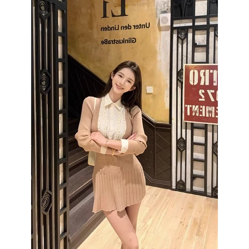 שמלת צווארון חולצה סרוגה שחורה עם חצאית קצרה בסגנון גורד, סגנון סתיו-חורף, שמלת A-Line בגזרה גבוהה לנשים