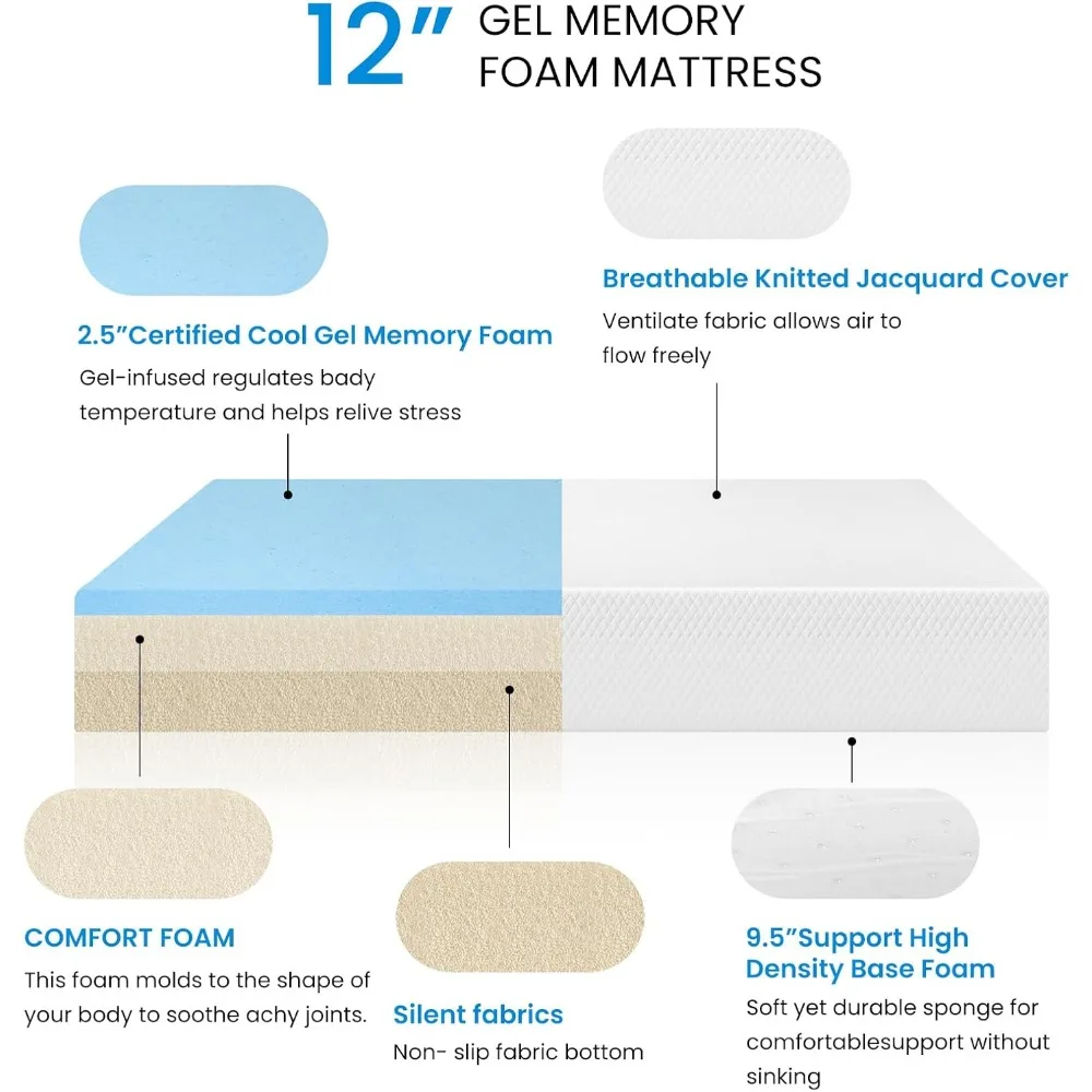 Queen Mattress for Cool Sleep & Pressure Relief, Bed-in-a-Box, CertiPUR-US Certified, 12 Inch Gel Memory Foam Mattress