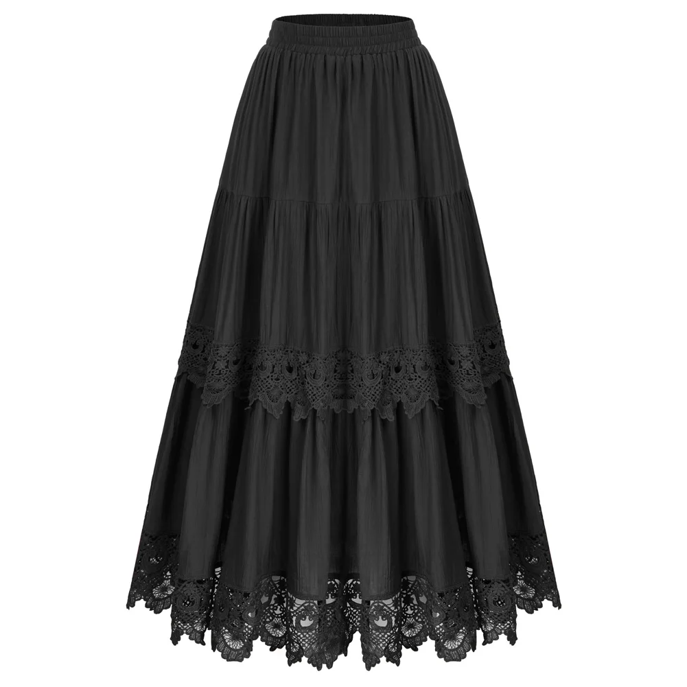 

SD Women Renaissance Lace Hem Tiered Skirt Elastic Waist Vintage Hollow Out Flared A-Line Maxi Skirt Summer Casual Streetwear