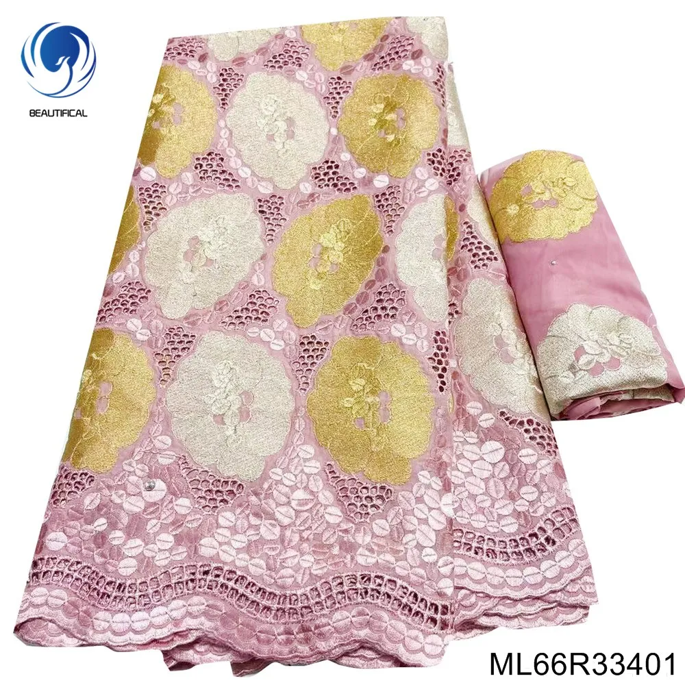 

New Fshion Comfortable Soft Hollow Design Nigerian Cotton Voile Lace Fabric for Wedding Dress 5Yards+2yards Headband ML66R334