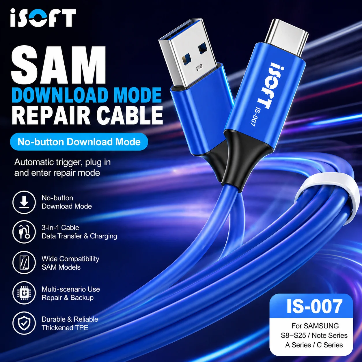 ISOFT IS-007 SAM 다운로드 모드 케이블 USB TO TYPE-C 플러그 앤 플레이 통합 모드 트리거 (삼성 S8-S25 노트 시리즈 등)
