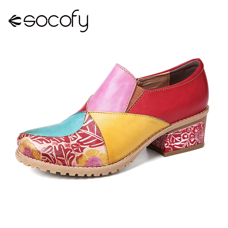 SOCOFY 2022 New Spring Retro Contrast Splicing Leather Zipper Low Heel Ankle Boots Slip on Block Heel Pumps Female Oxfords