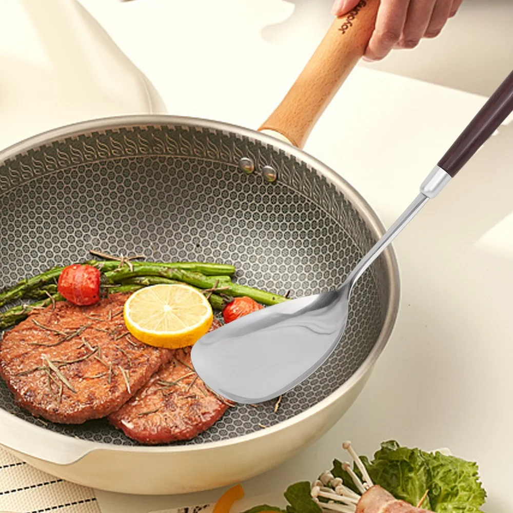 Stainless Steel Wood Handle Shovel Fried Fish Spatulas Steak Shovel Household Spoon Anti-hot Soup Spoon Kitchen Cooking Utensils
