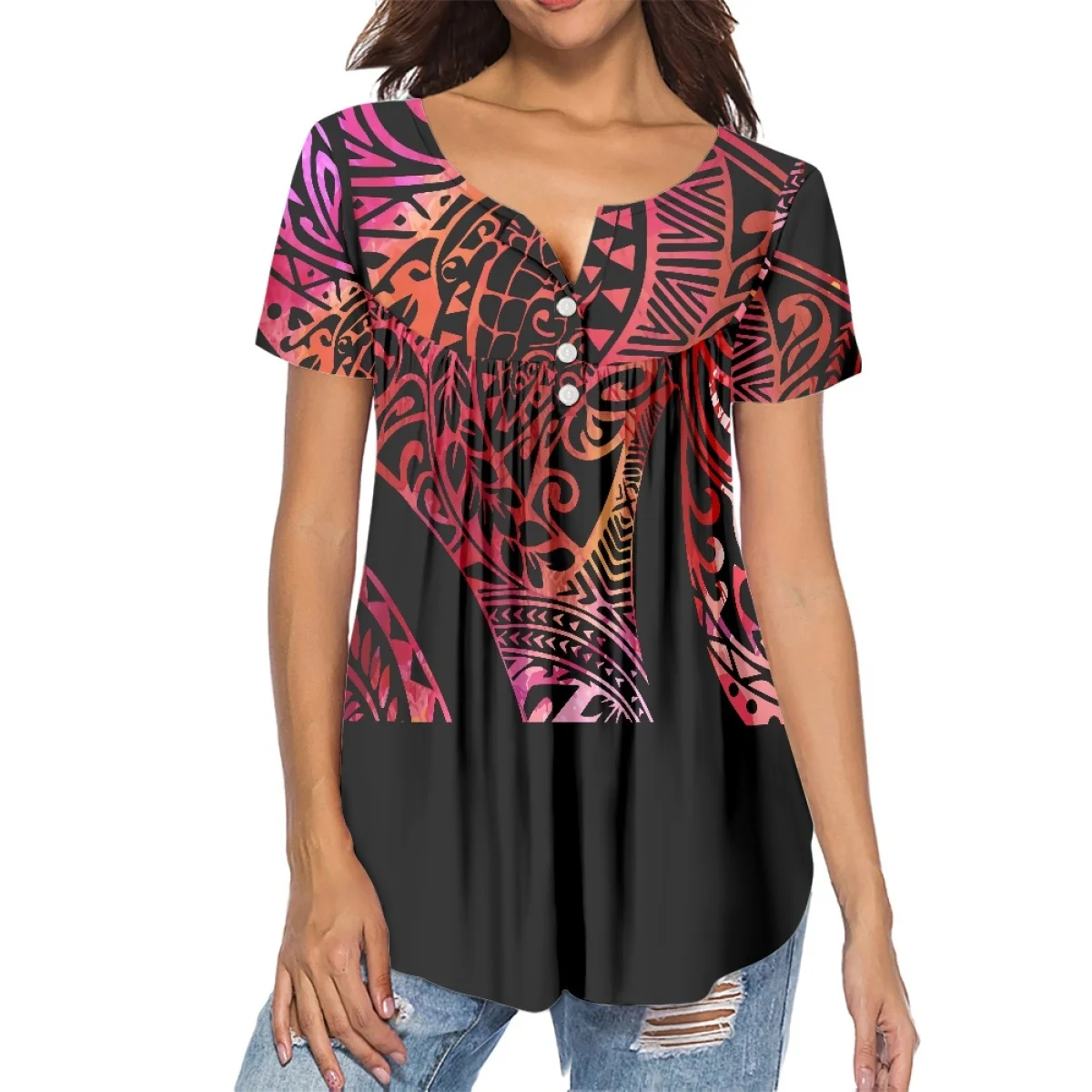 

Женская Повседневная футболка с коротким рукавом, летняя повседневная полинезийская племенная печать, высококачественный плиссированный шифоновый топ с низким вырезом для девушек