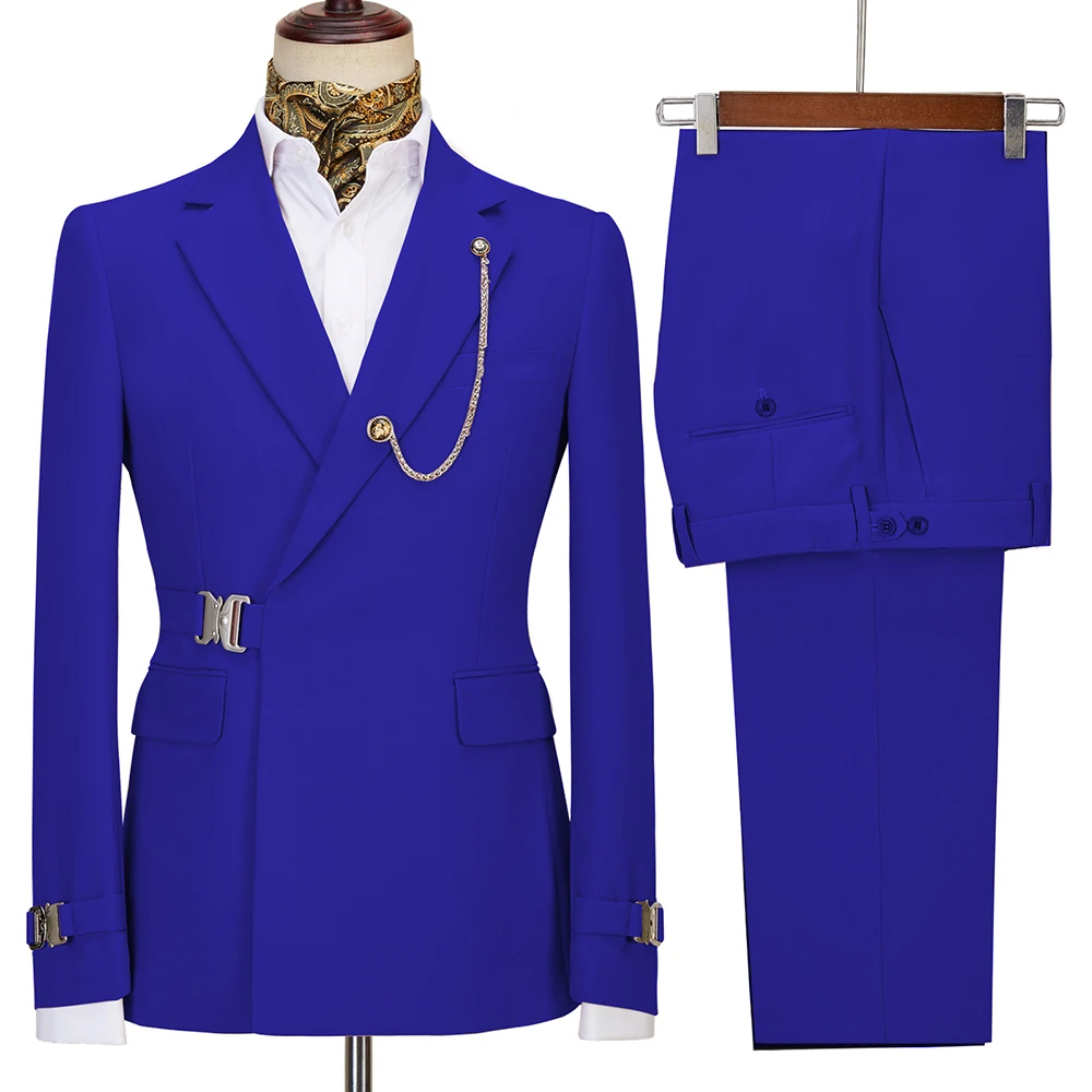 Metal Buckles Men Suits 2 Piece Fashion Khaki Notch Lapel Solid Color Blazer Business Casual Wedding Groom Full Men's Suit