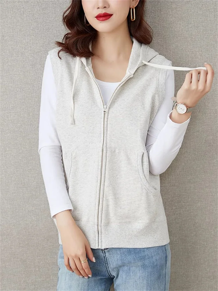

Vest Waistcoat Women 2023 Spring and Autumn Wear Thin Sports Casual Sleeveless Sweater Beige Cotton Hooded Zipper Cardigan Coat