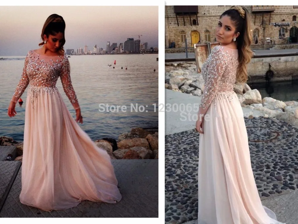 

2018 Gorgeous Crystal Beaded Prom crystal Sheer Scoop Neck Long Sleeves Chiffon Evening Gown Pageant mother of the bride dresses