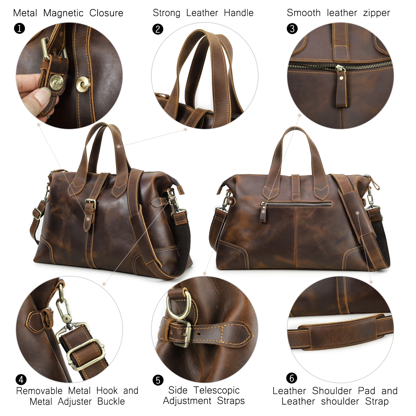 Contact\'s Men Crazy Horse Leather Travel Bag Multifunctional Business Casual Luggage Bag Large Capacity Vintage Tote Handbags