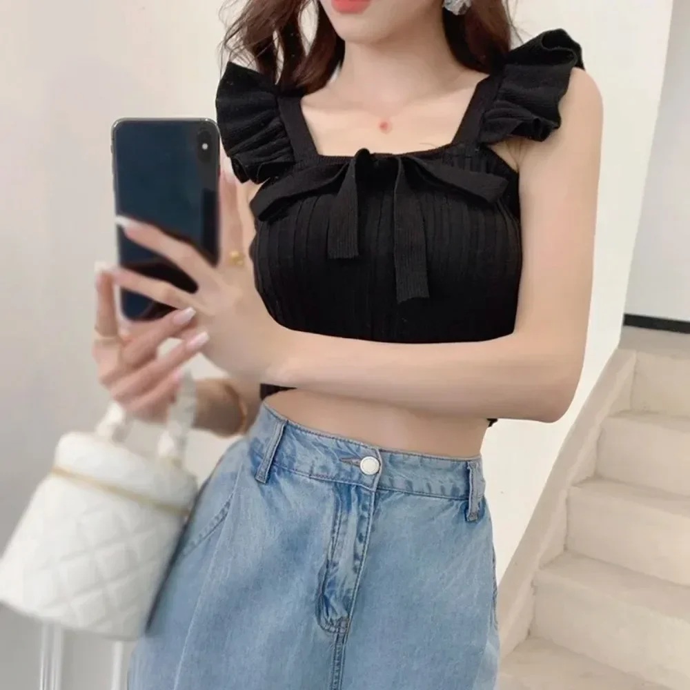 New Summer Ruffled Knitted Camisole Women Short Tank Top Summer Solid Square Neck Sleeveless Bow Elastic Waist Strap Top