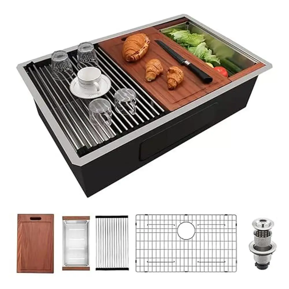 32" Stainless Steel Workstation Single Bowl Undermount Kitchen Sink Kit Cutting Board Colander Drying Rack Grid Drain Assembly 2