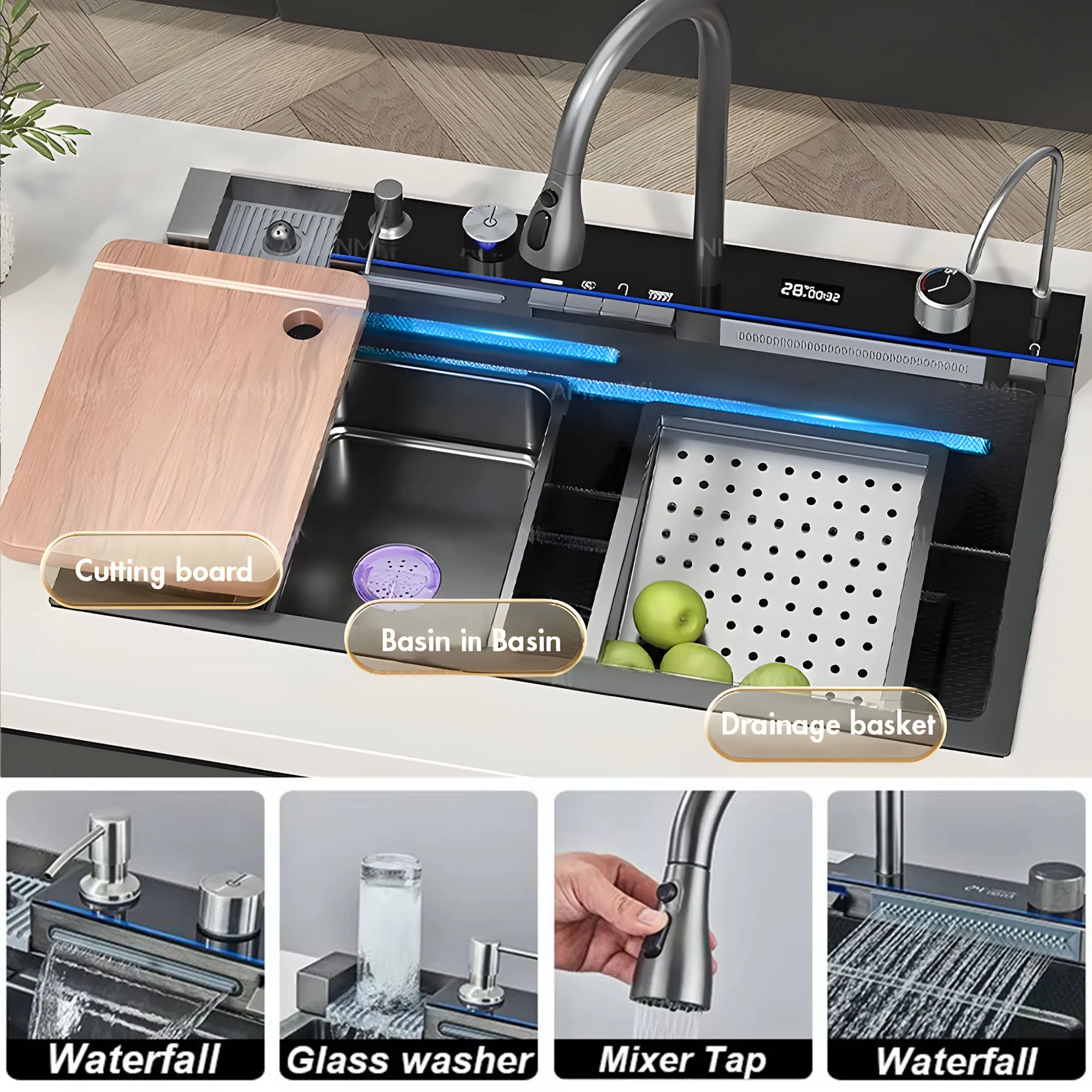 304 Stainless Steel Waterfall Kitchen Sink Sink Large Single basin With Large Single Slot Above Counter With Cup Disher