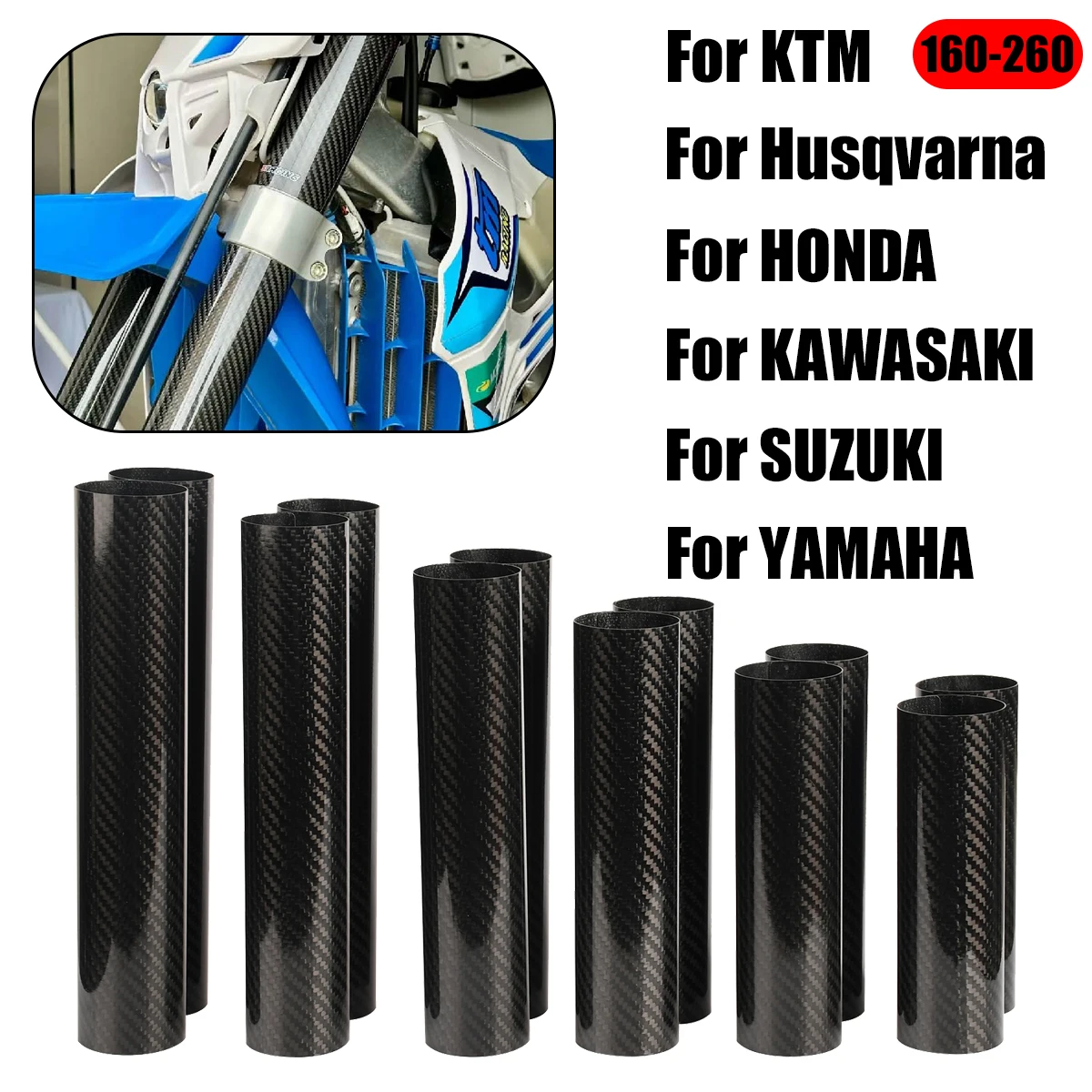 Motorcycle 160-260mm front fork wraps carbon fiber protectors for KTM Honda Yamaha Kawasaki Suzuki CRF CR YZF EXC SXF XC XCF XCW
