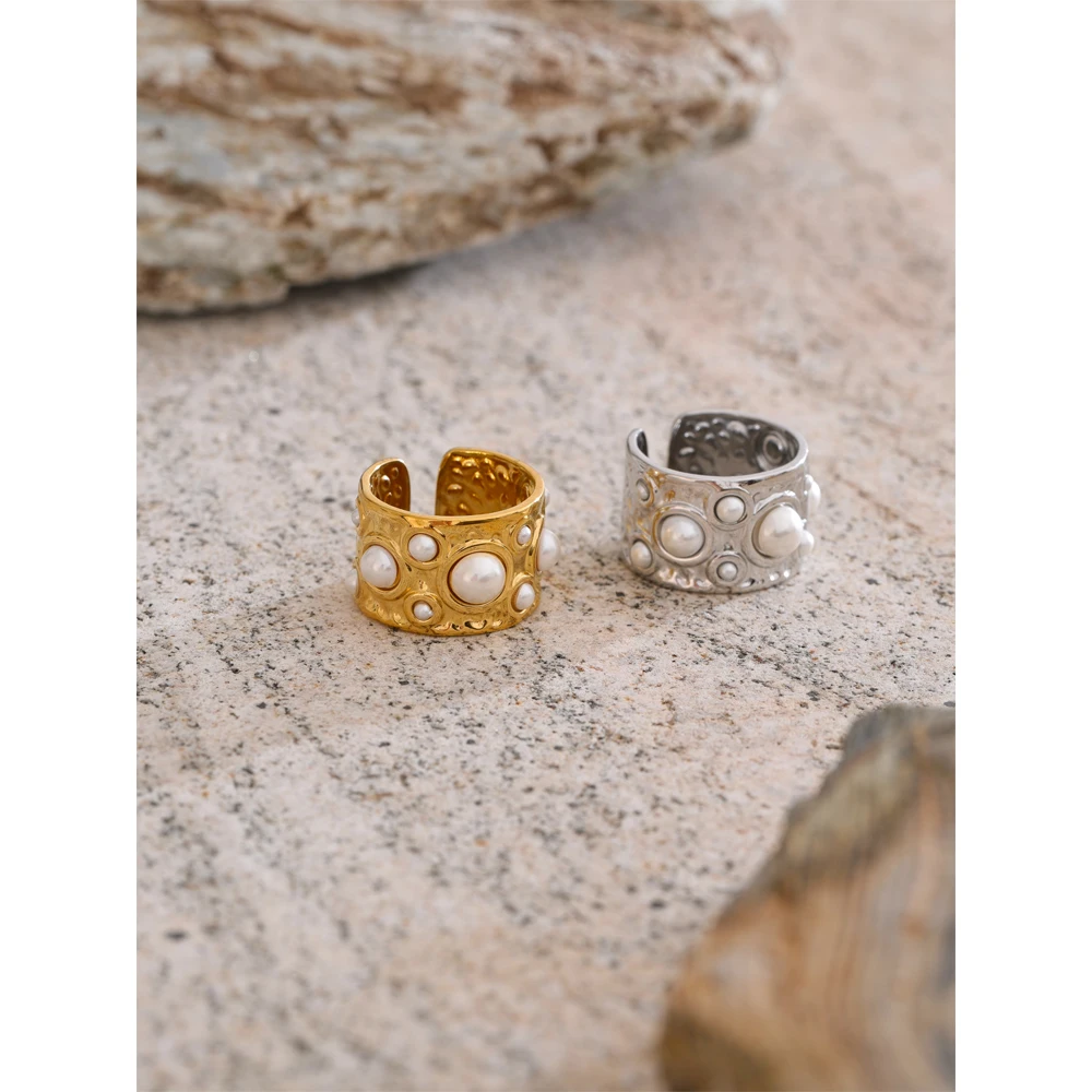 Yhpup Jewelry Ring Simulated Pearls Stainless Steel