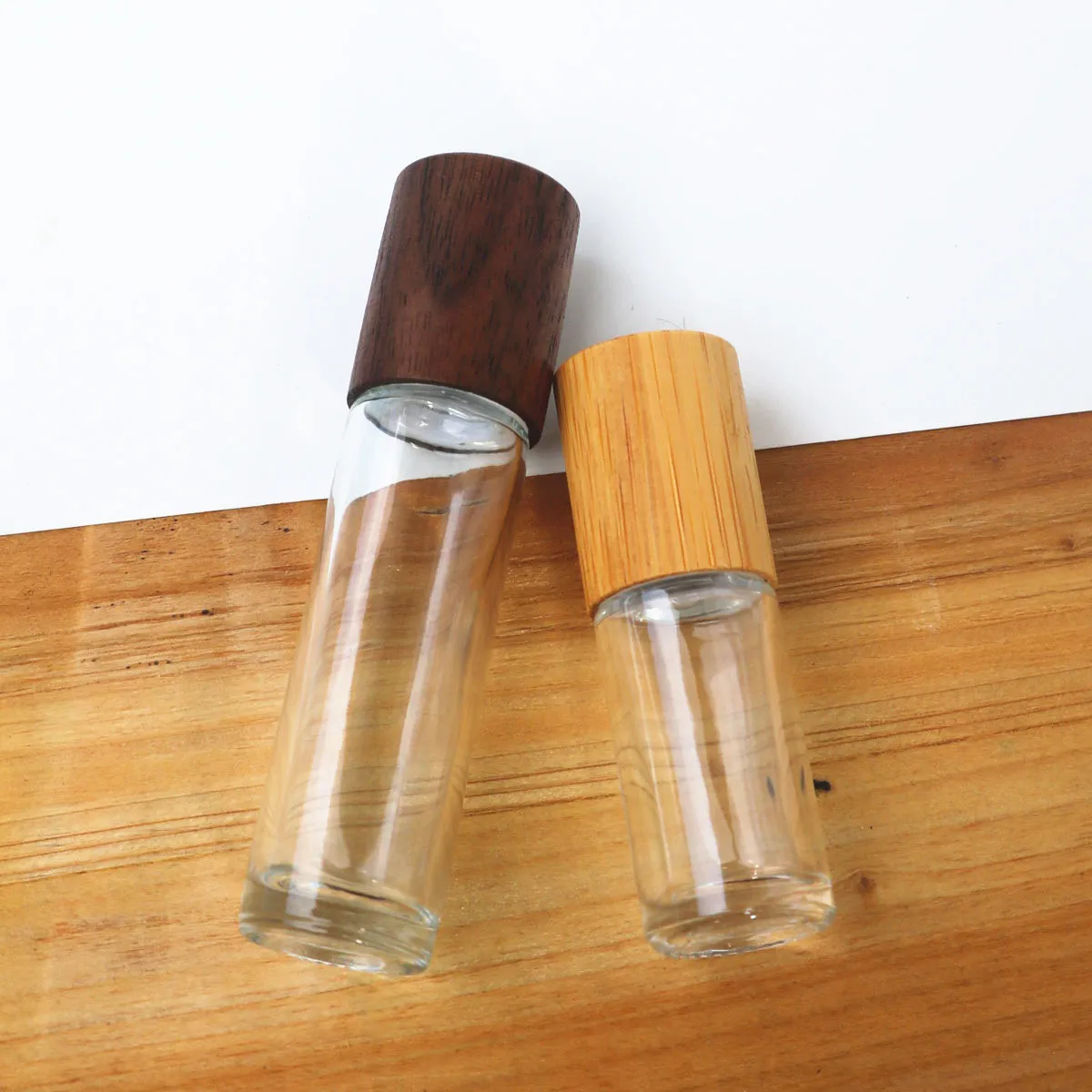 Premium Refillable Glass Roller Bottles with Natural Bamboo Lids - 5ml & 10ml Amber & Clear Vials