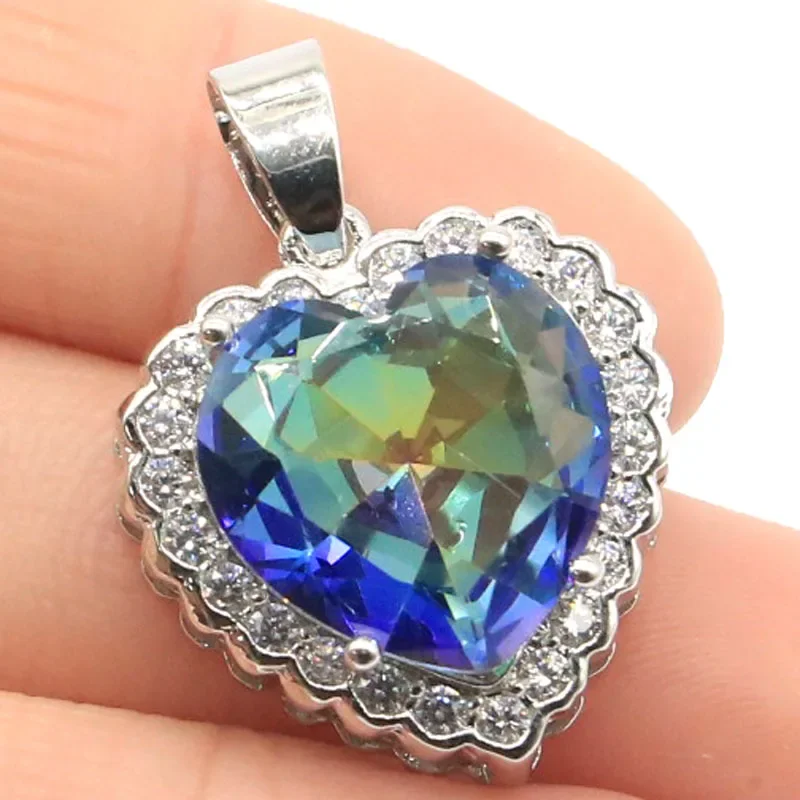 6g Customized 925 SOLID STERLING SILVER  PENDANT Heart Shape Green Amethyst Rainbow Mystical Topaz Violet Topaz Blood Ruby CZ Wo