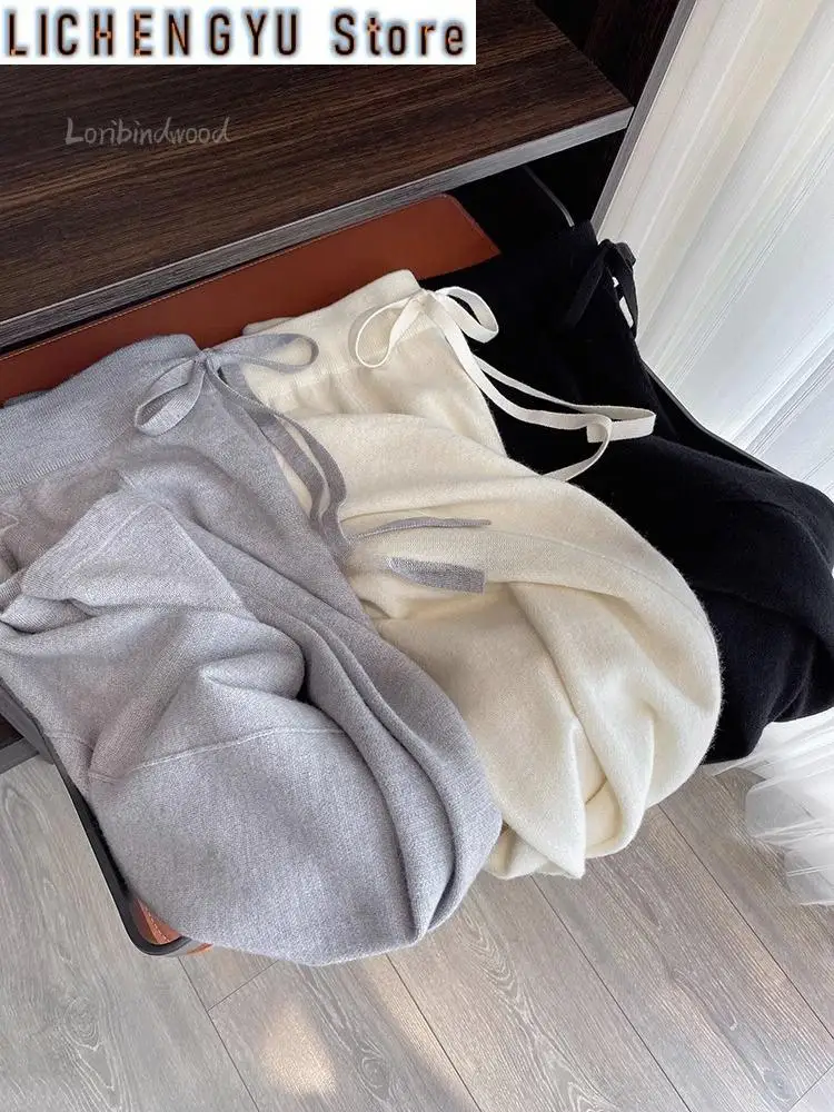 New Soft Waxy White Knit Wide-leg Pants Women's Autumn Winter Thick Wool Drop Casual Straight Floor-length Pants
