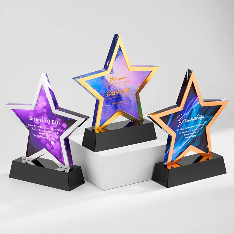 

Five-Pointed Star Crystal Trophy, Color Printing Background, Metal Gold, Silver and Bronze, Dance Competition, prizes, New