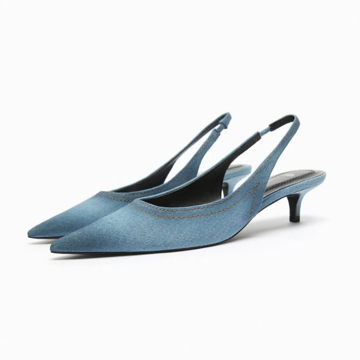 

Summer Blue Denim Fabric High Heels Female Cat with Pointed Mule Shoes Shallow Mouth Single Shoes Package Head Sandals