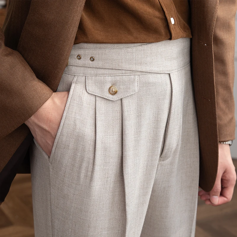 Mr. Deer San Early Autumn Gurkha High Waist Straight Pants Retro Petty High Texture Double Pleated Casual Pants Trendy Men 5