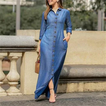 Elegant Women's Denim Long Sleeve Buttons Dress