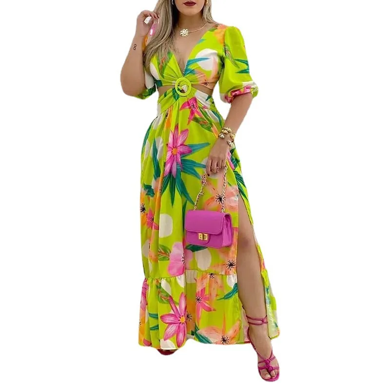 

Women's Vintage Print V Neck Slit Sexy Backless Long Dress