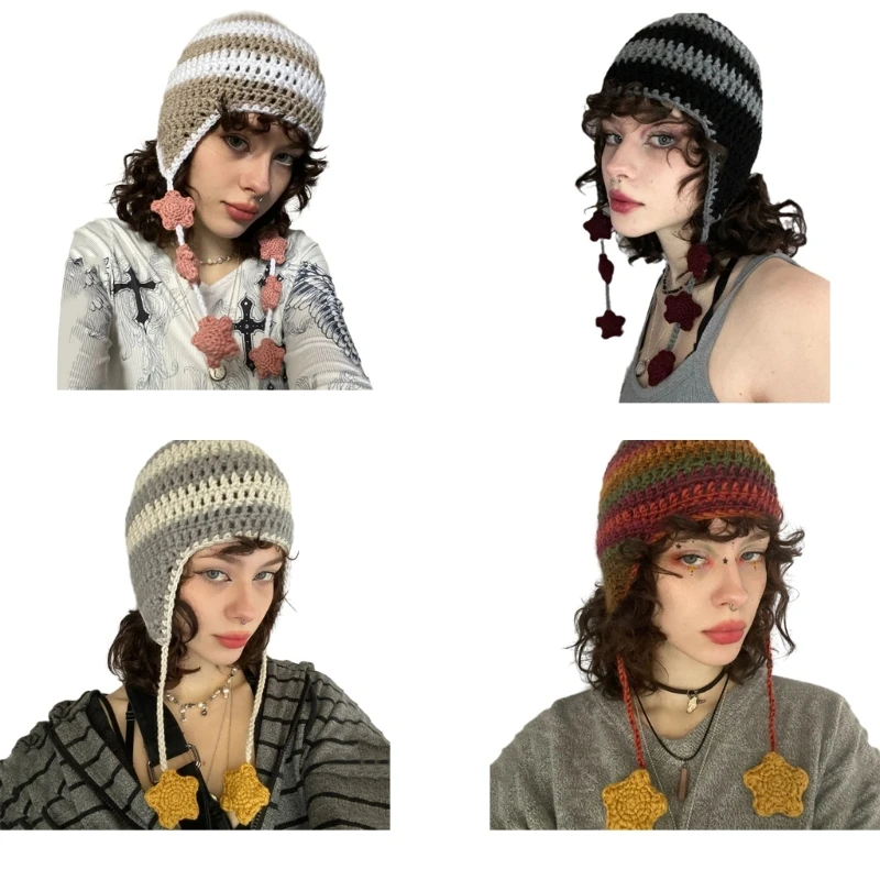 

Y2K Striped Hat Little Devil Knitted Star Slouchy for Women