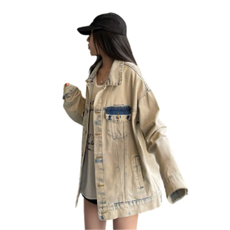 

Vintage Washed Denim Coat Women Casual 2024 Spring And Autumn New Fashion Lapel Jeans Jacket Female Loose Cowboy Outerwear B266