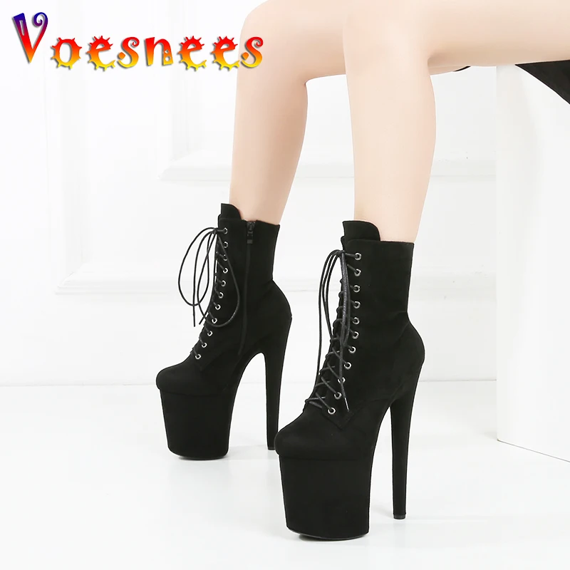 

20CM Suede Steel Pole Dance Shoes Nightclub Women Lace-up High Heels Waterproof Platform Party Ankle Boots Fetish Sexy Stripper