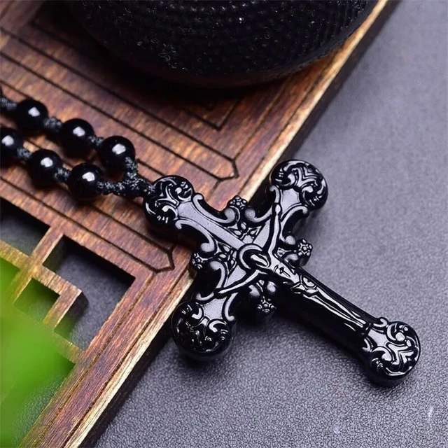 Silver & Black Cross Necklace | Handmade Beads | Ebru Jewelry