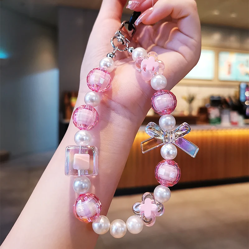 Mobile Phone Lanyard Short Wrist Strap Hand-beaded Diamond-shaped Beads Bow Pendant Pendant Hand-held Chain Anti-los