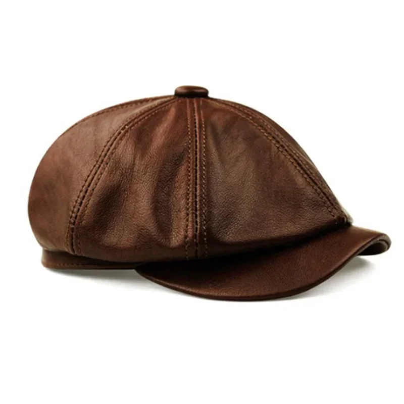 Retro Brown Hats Men Spring/Winter 100% Real Leather Warm Cap Male Beret Painter Boina Cowhide Octagonal Casquette High Quality 2